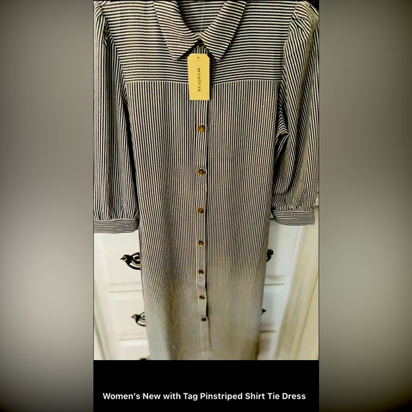 Blue and White Pinstriped Dress With Collar . Longer Length With A Tie Belt . - Picture 1 of 5